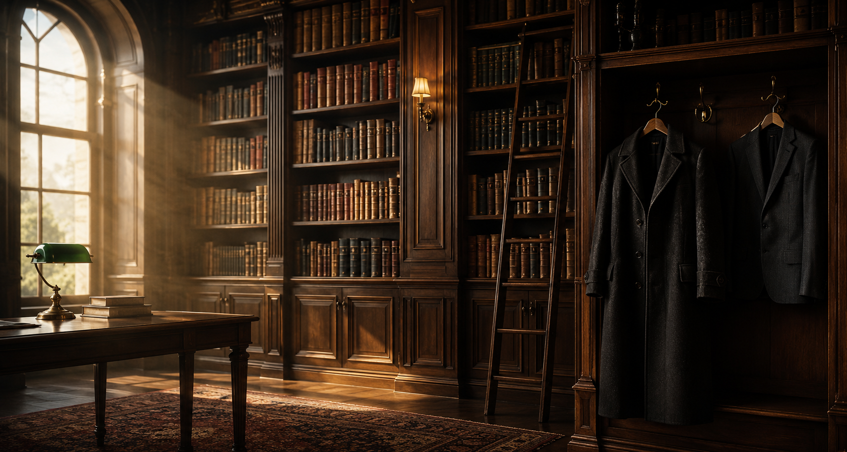 The studio — a warm library with a green banker's lamp